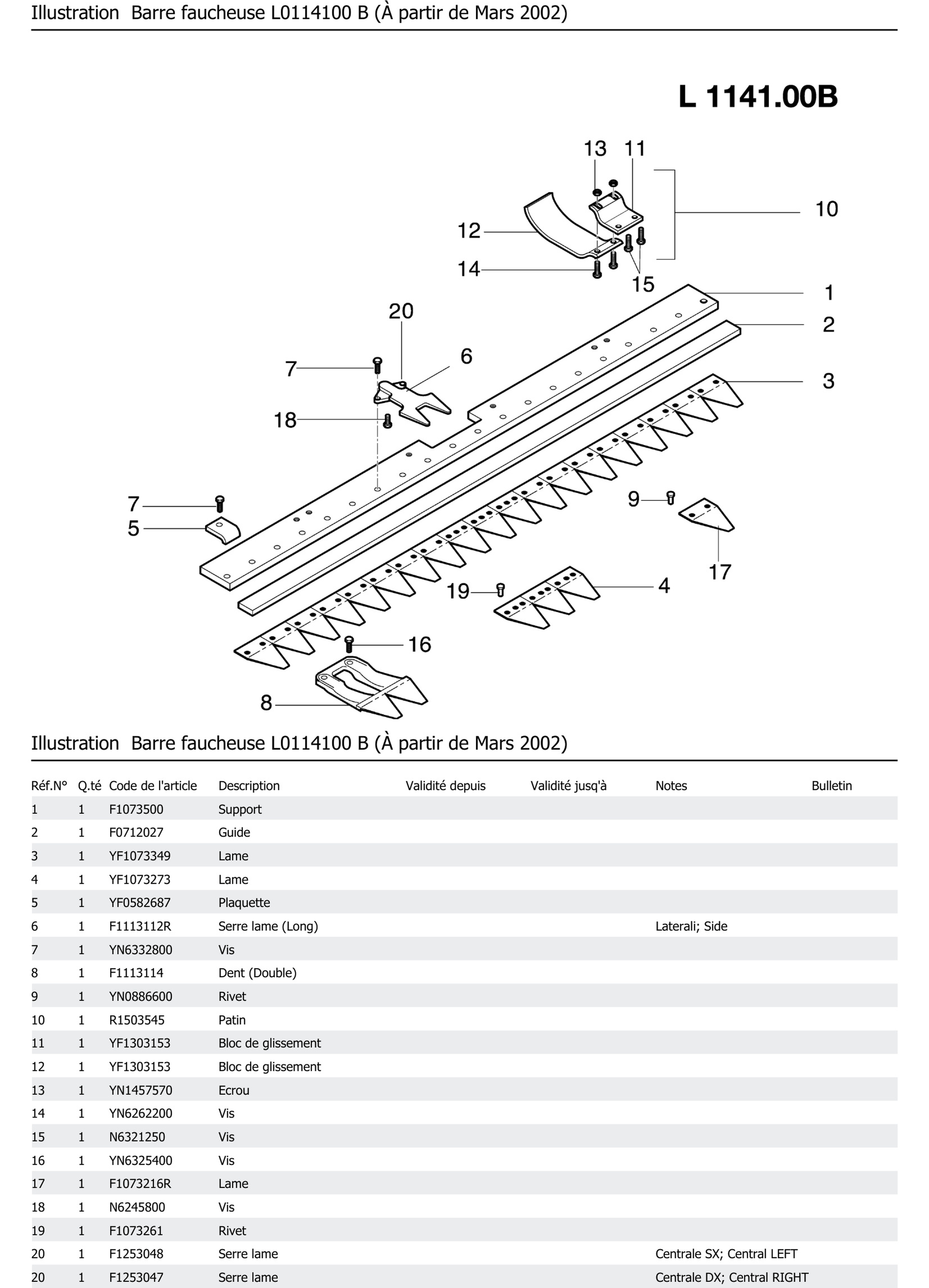Barre Faucheuse L0114100 B À Partir De Mars 2002