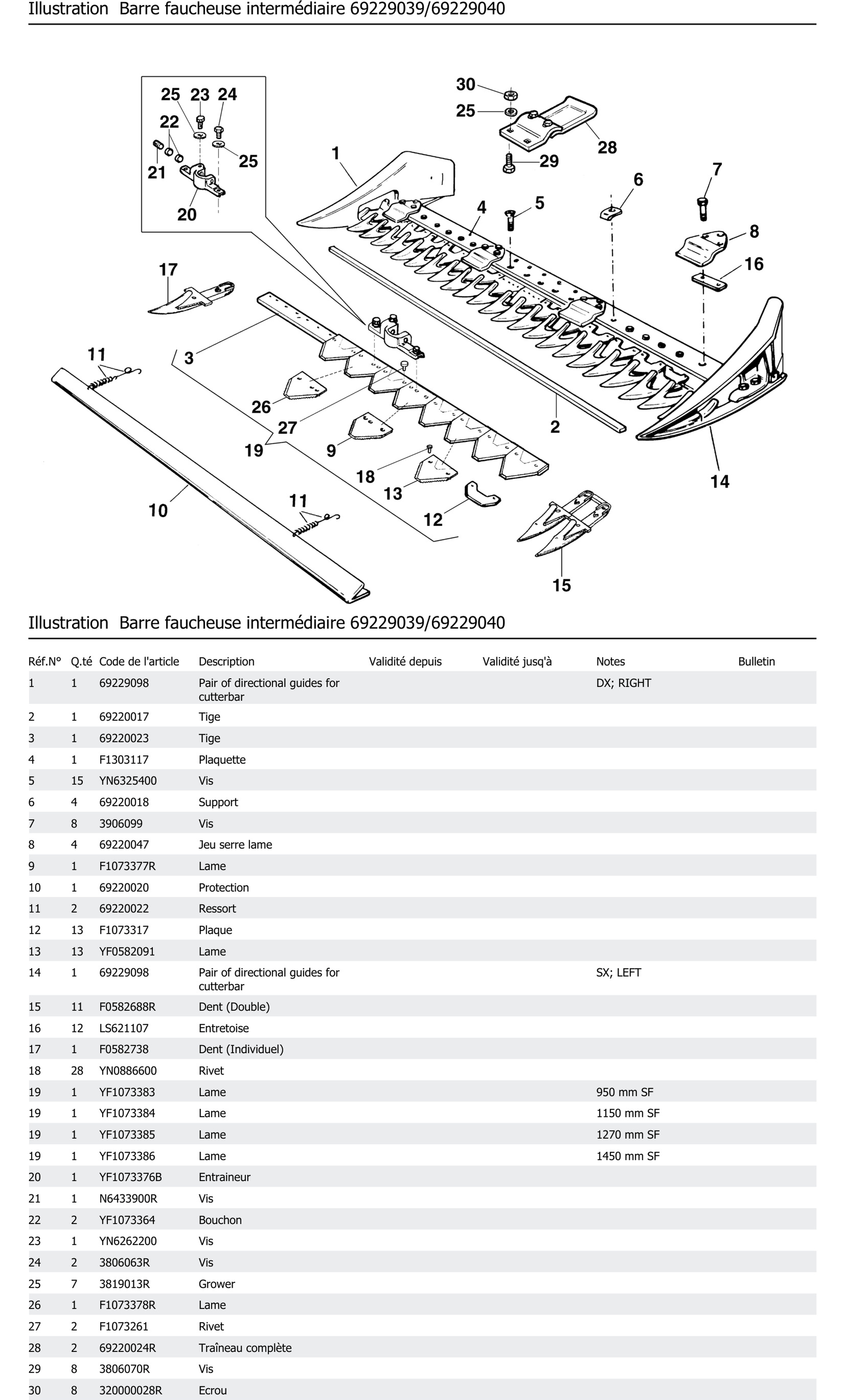 Barre Faucheuse Intermédiaire 69229039 69229040