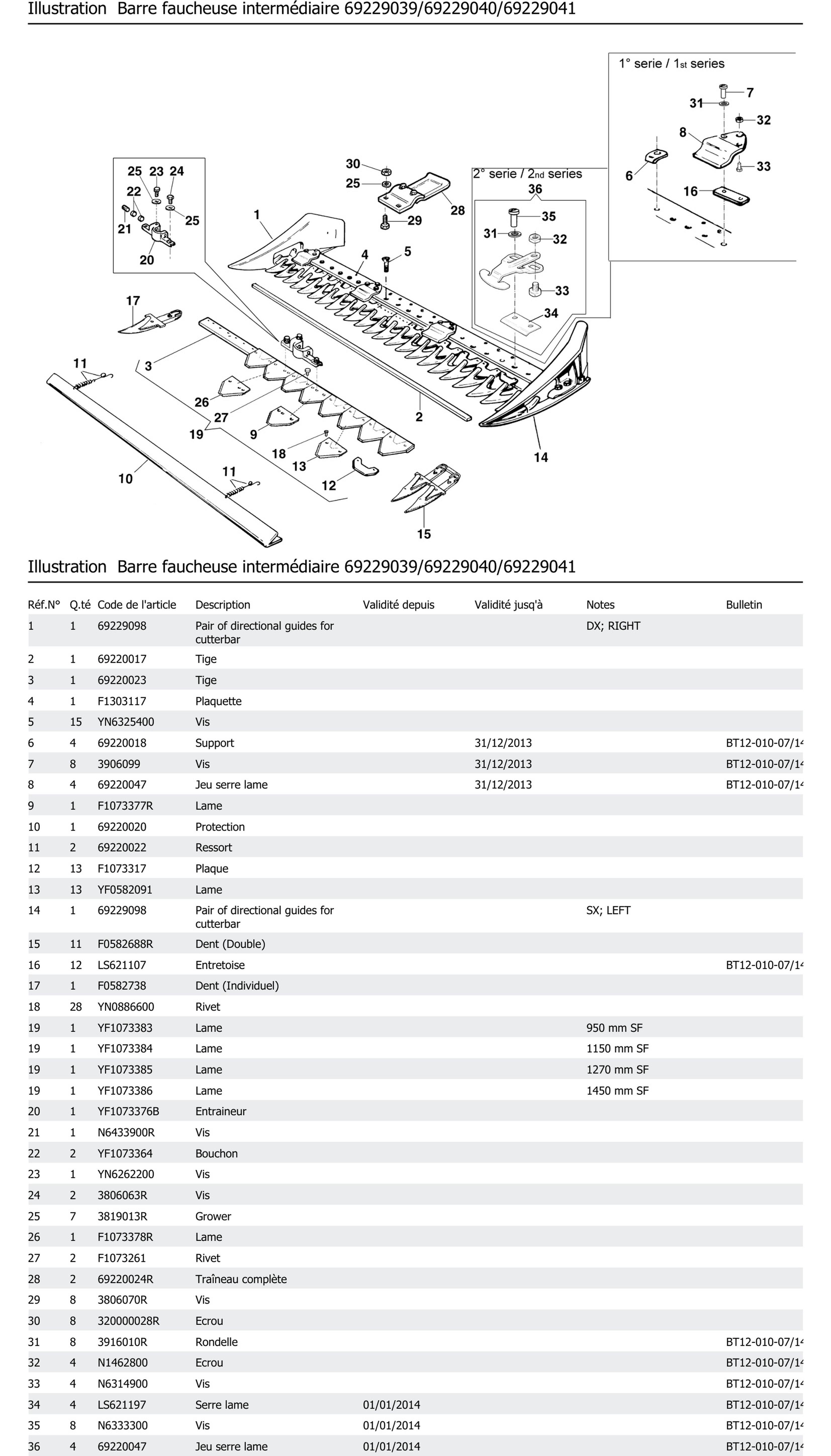 Barre Faucheuse Intermédiaire 69229039 69229040 69229041