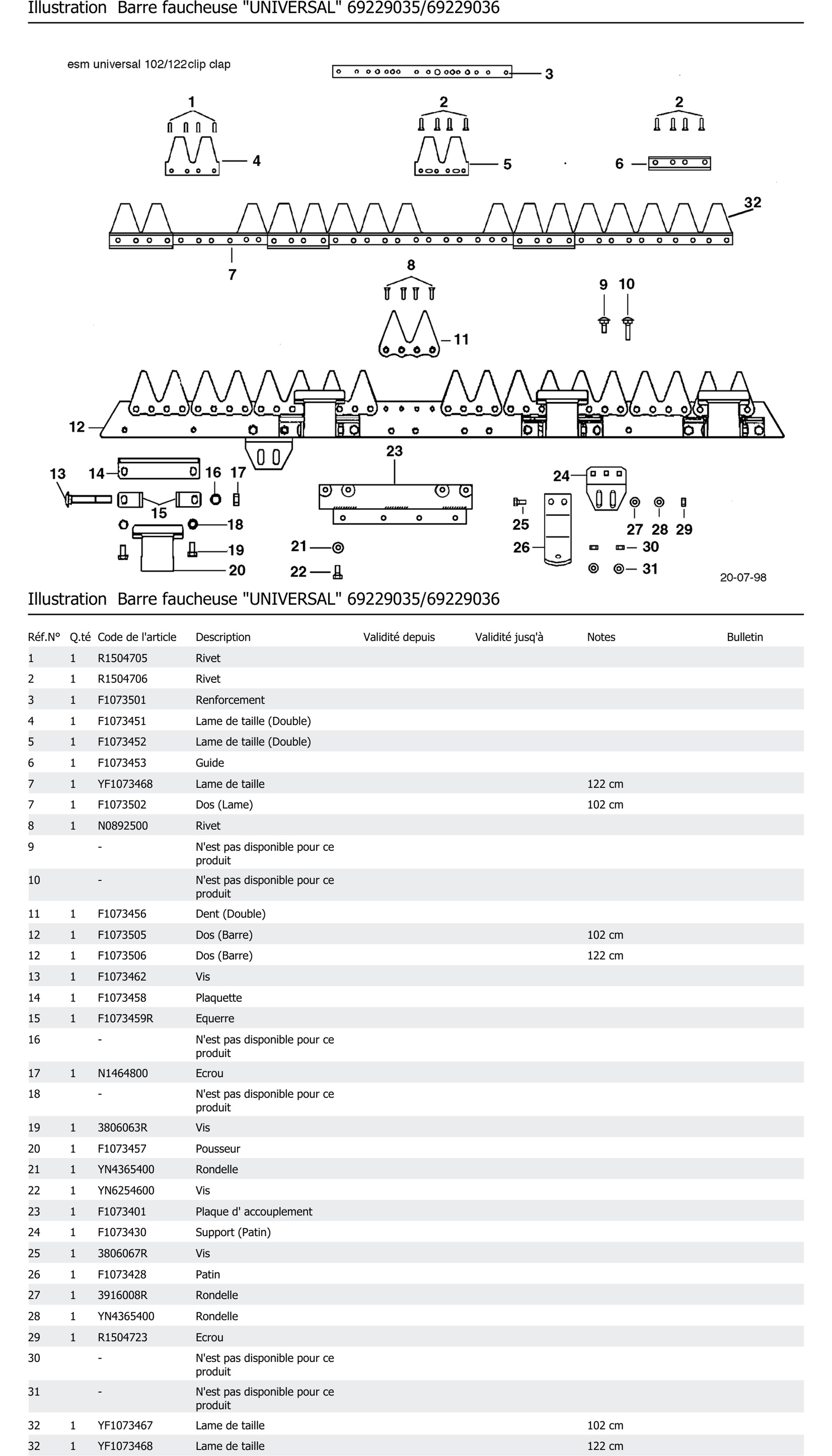 Barre Faucheuse Universal 69229035 69229036
