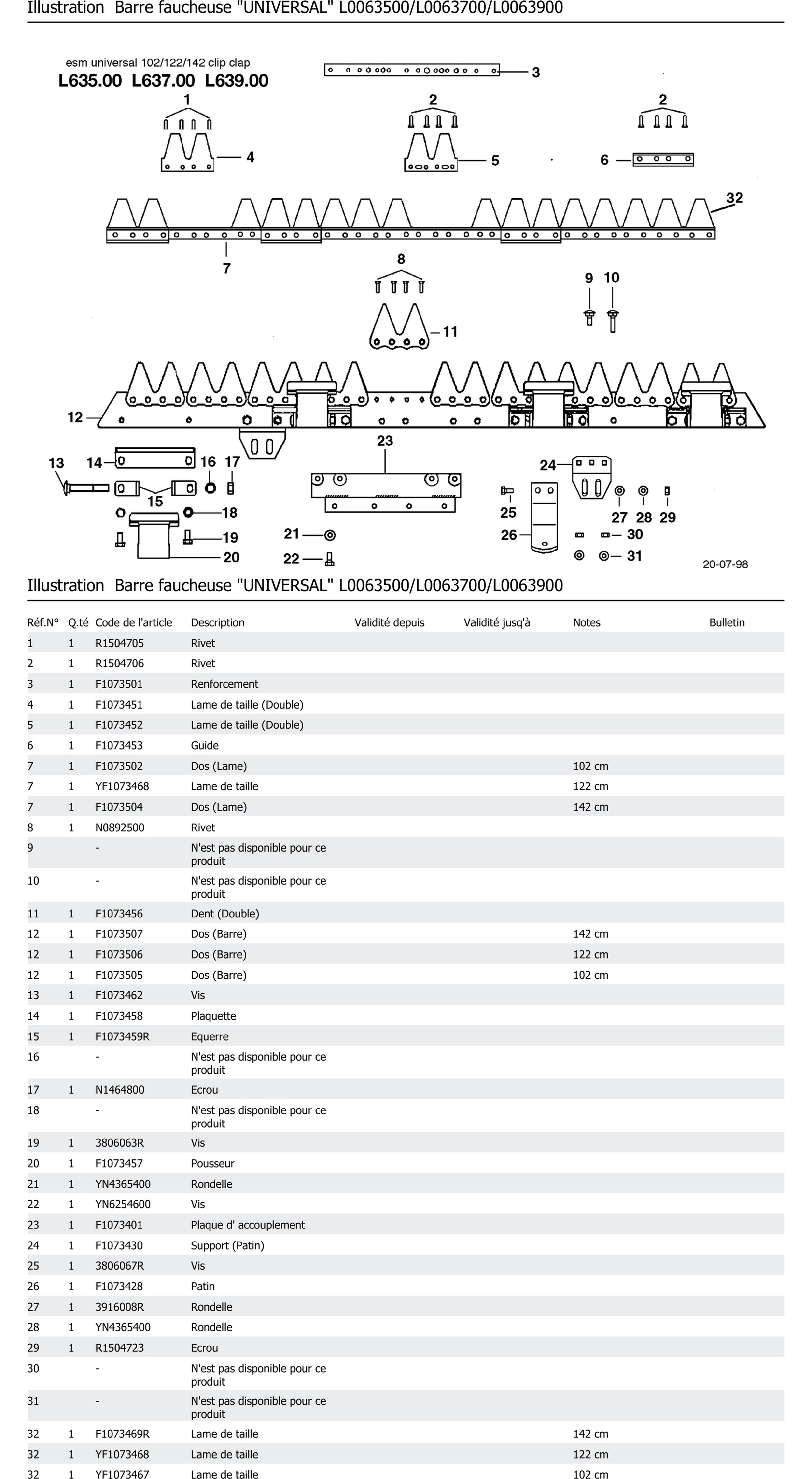 Barre Faucheuse Universal L0063500 L0063700 L0063900