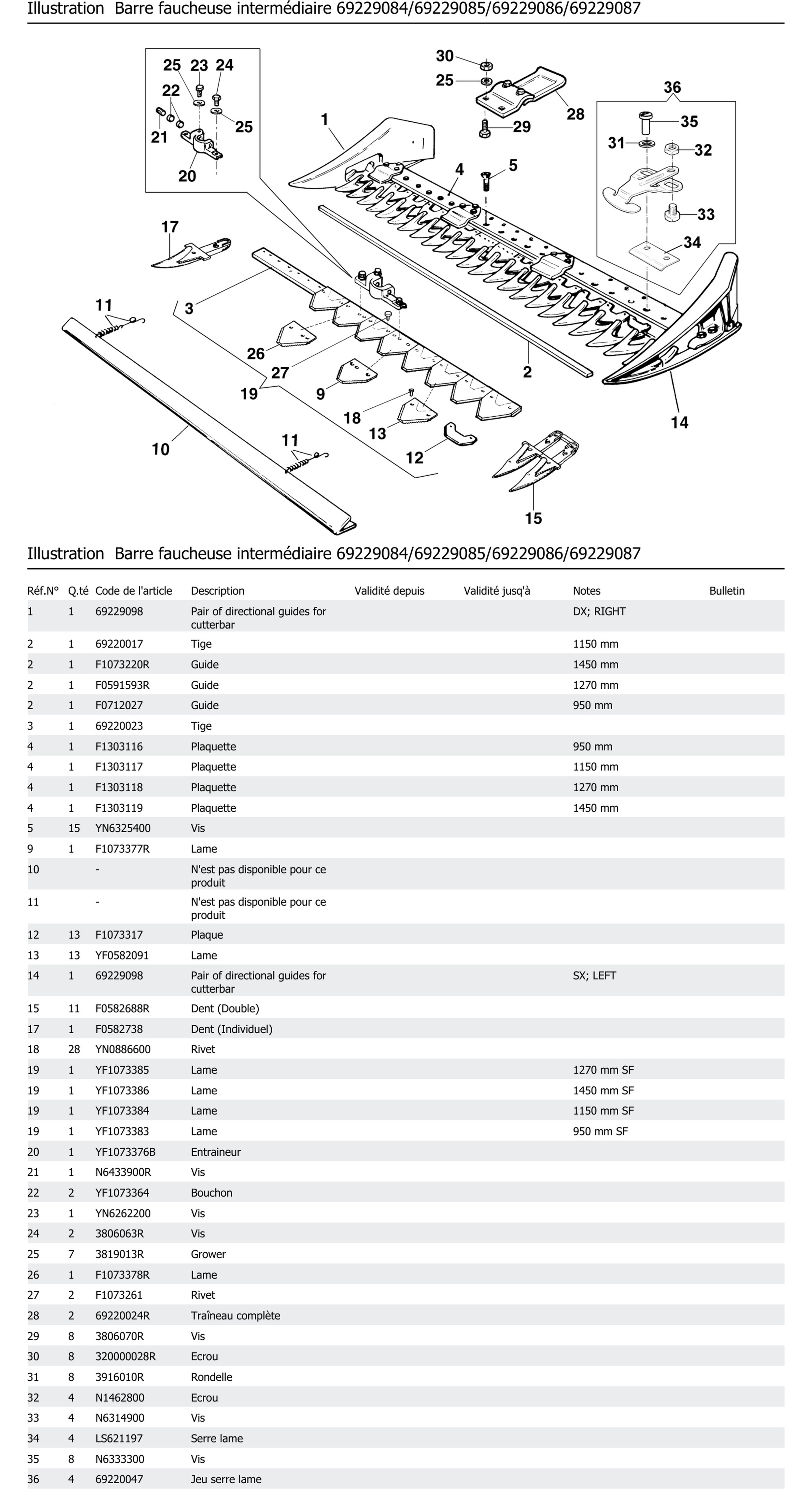 Barre Faucheuse Intermédiaire 69229084 69229085 69229086 69229087