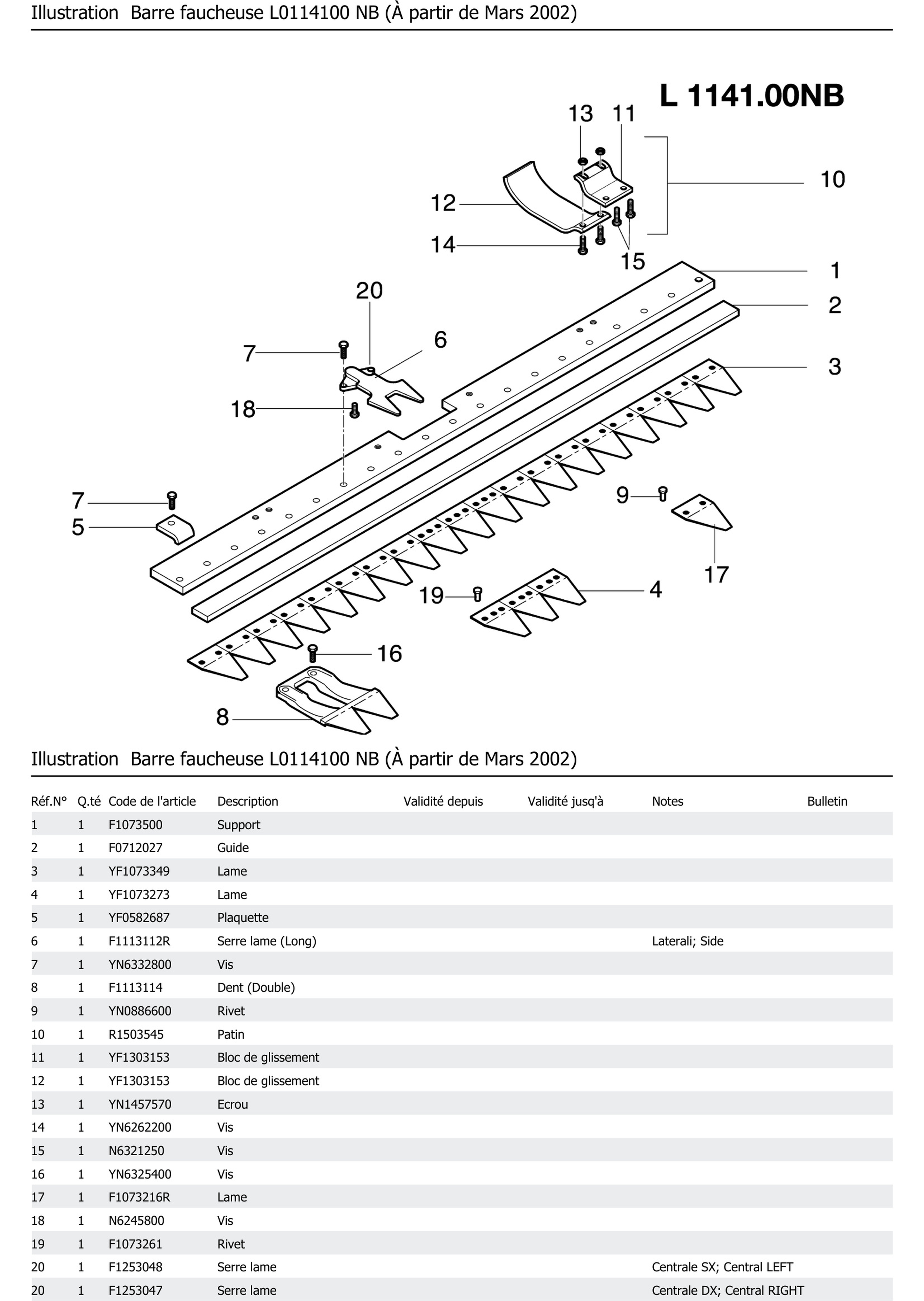Barre Faucheuse L0114100 Nb À Partir De Mars 2002
