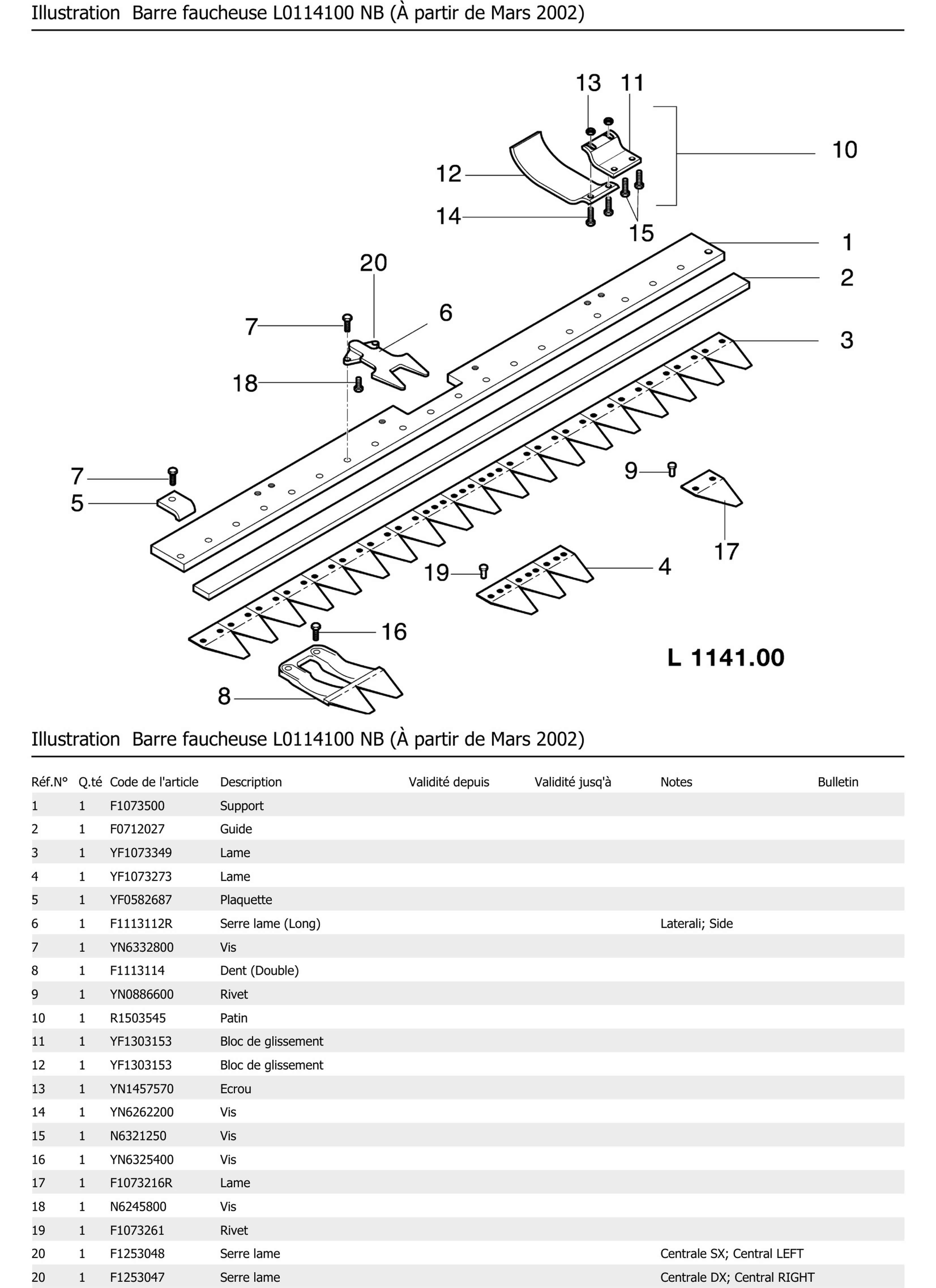 Barre Faucheuse L0114100 Nb À Partir De Mars 2002