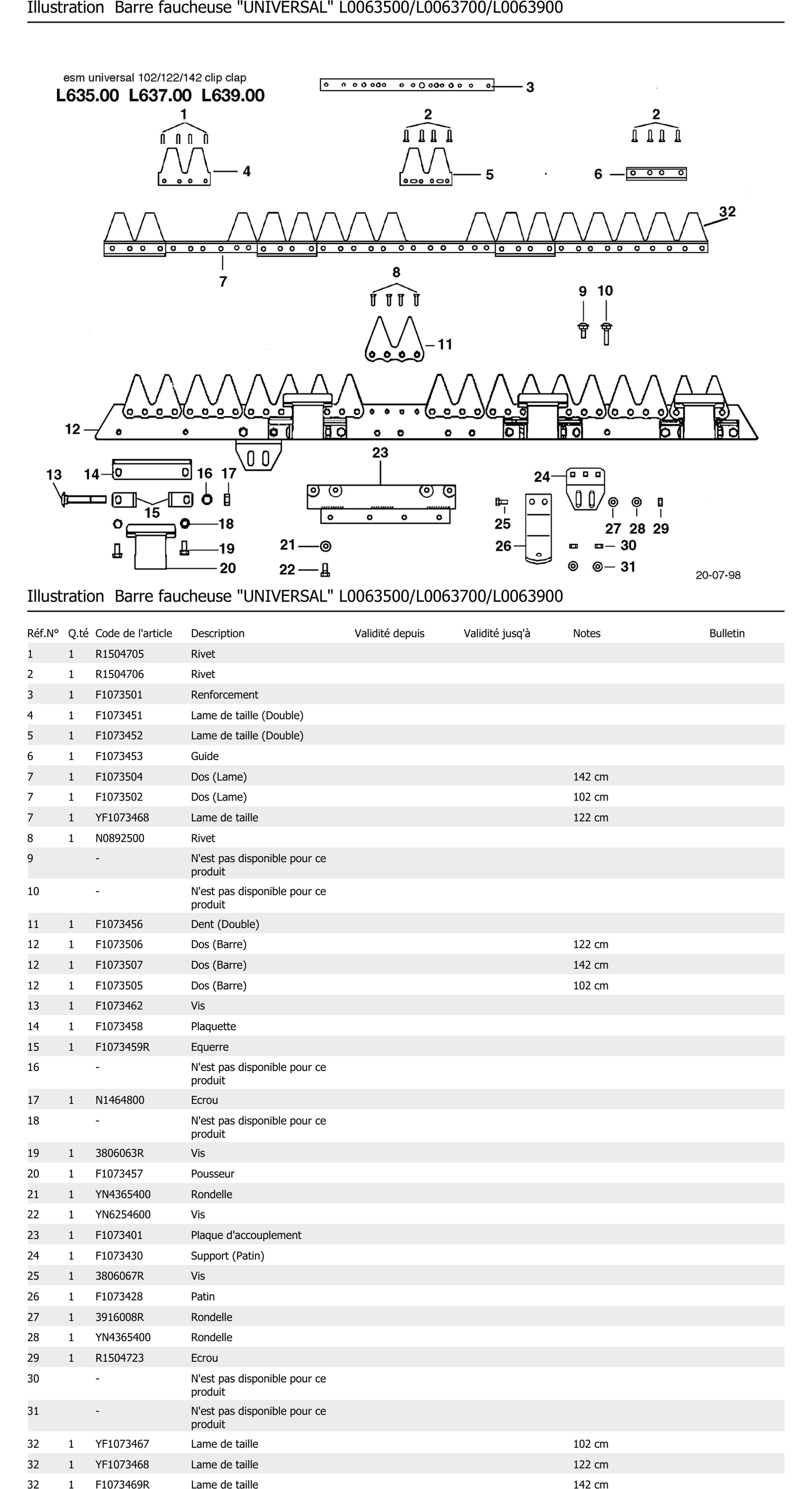 Barre Faucheuse Universal L0063500 L0063700 L0063900