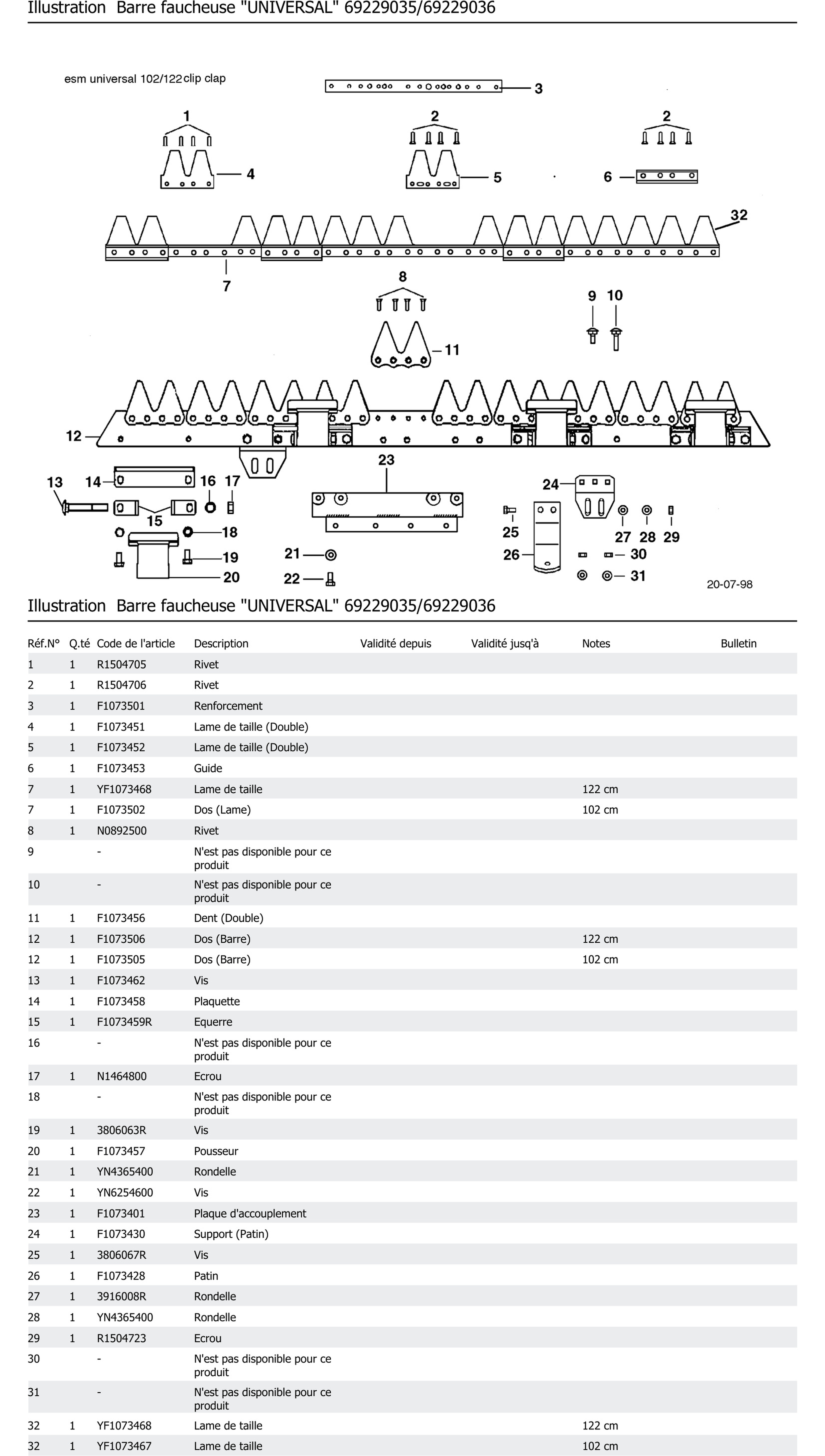 Barre Faucheuse Universal 69229035 69229036