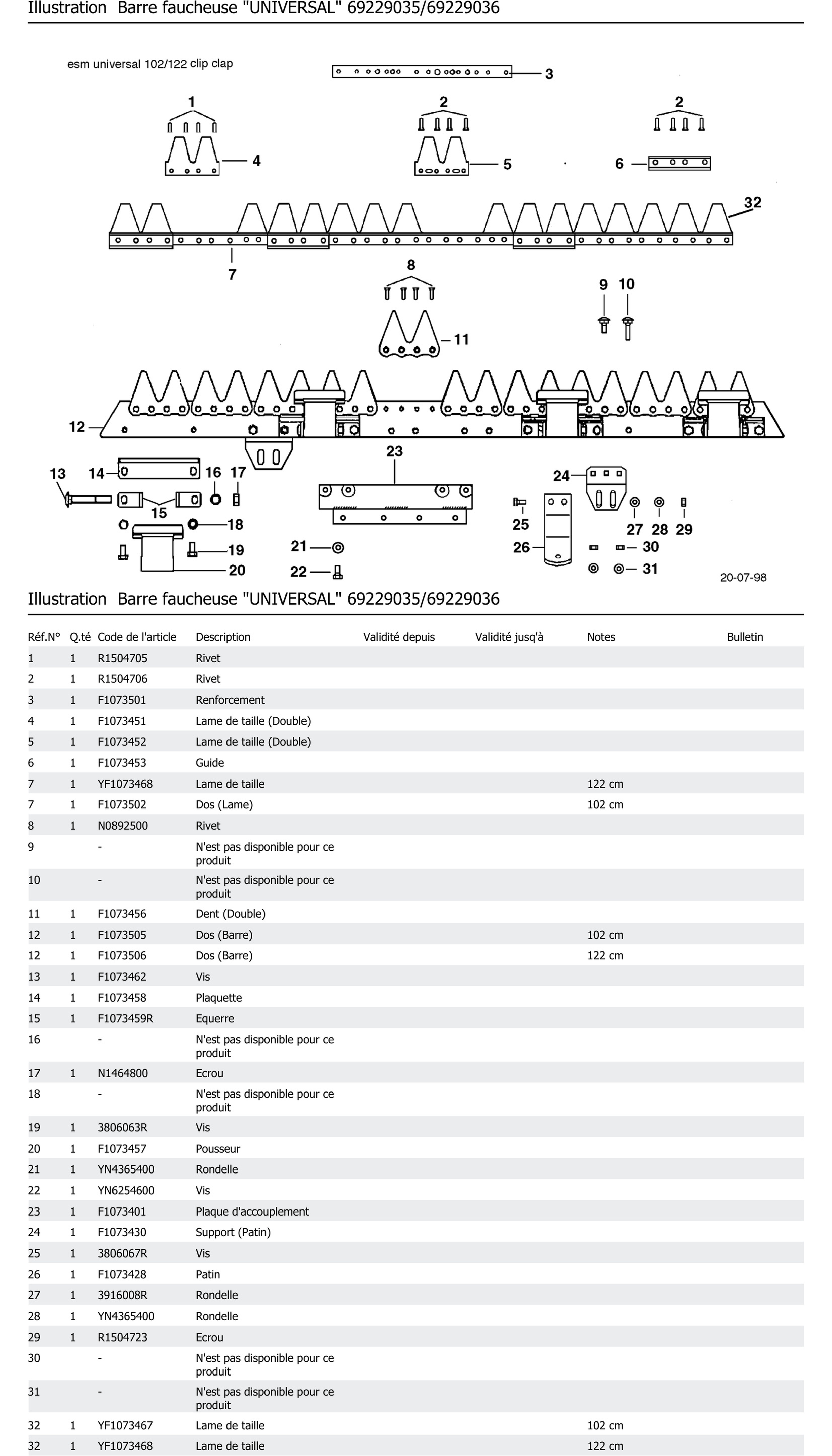 Barre Faucheuse Universal 69229035 69229036