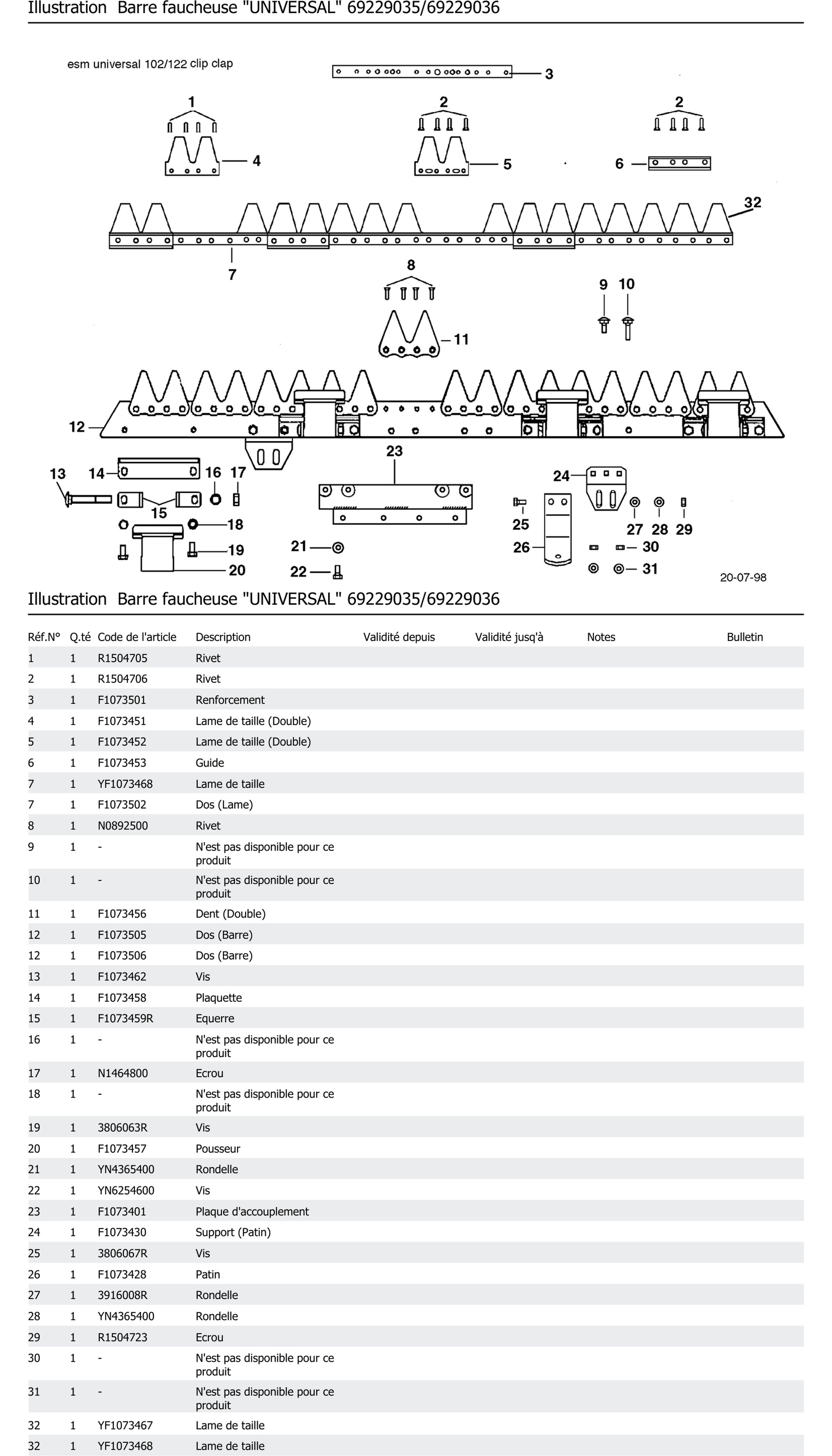 Barre Faucheuse Universal 69229035 69229036
