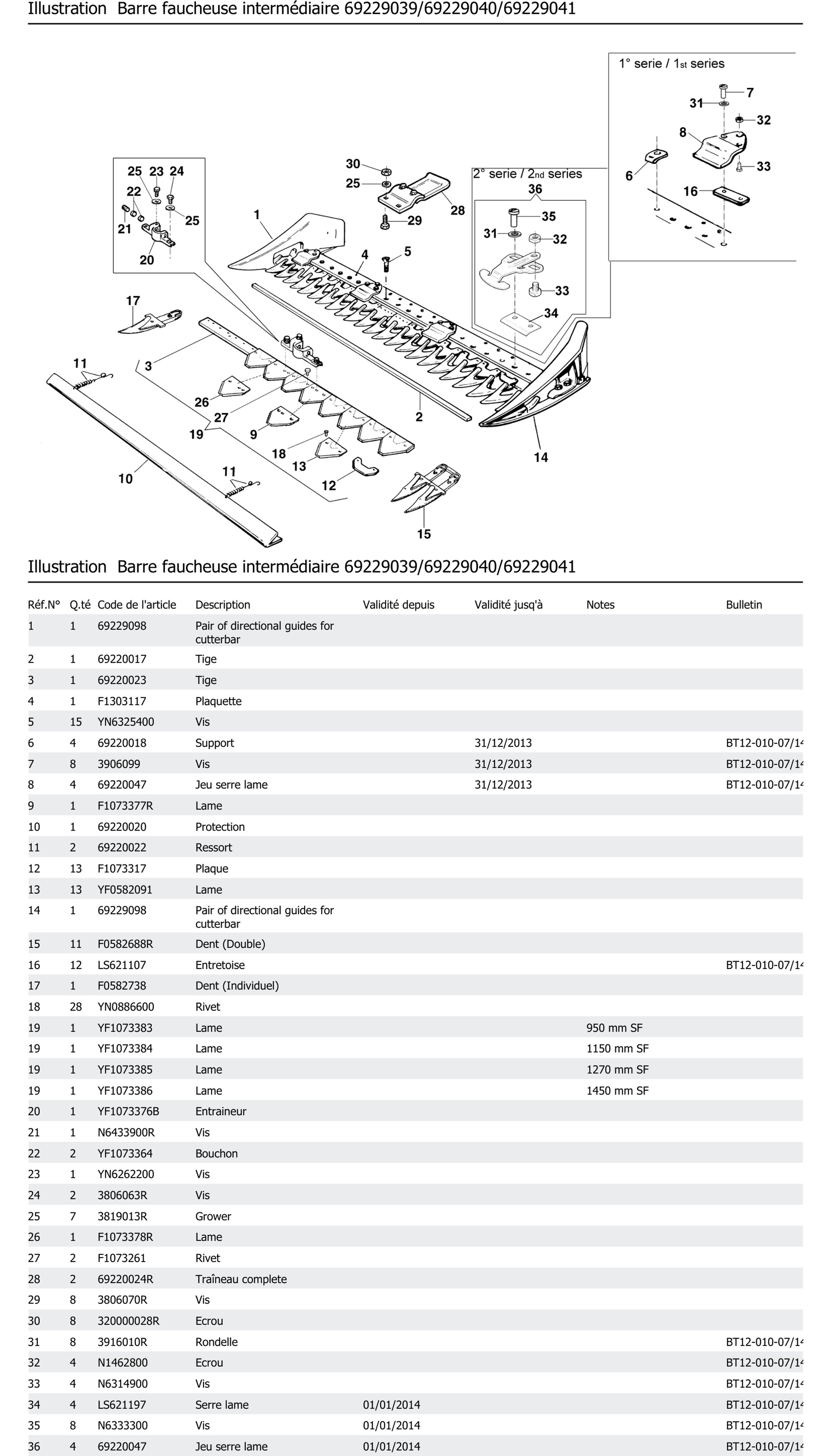 Barre Faucheuse Intermédiaire 69229039 69229040 69229041