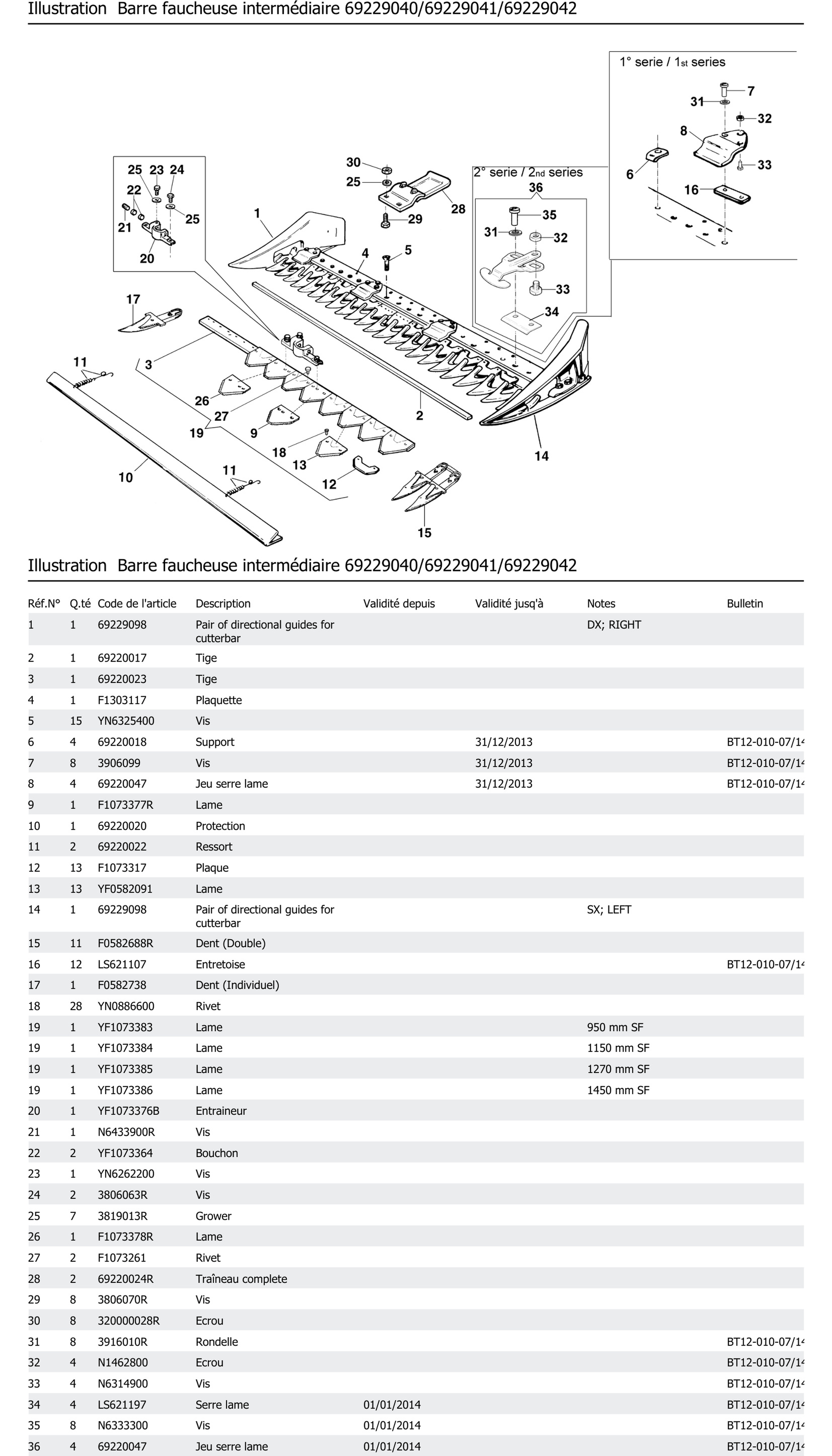 Barre Faucheuse Intermédiaire 69229040 69229041 69229042