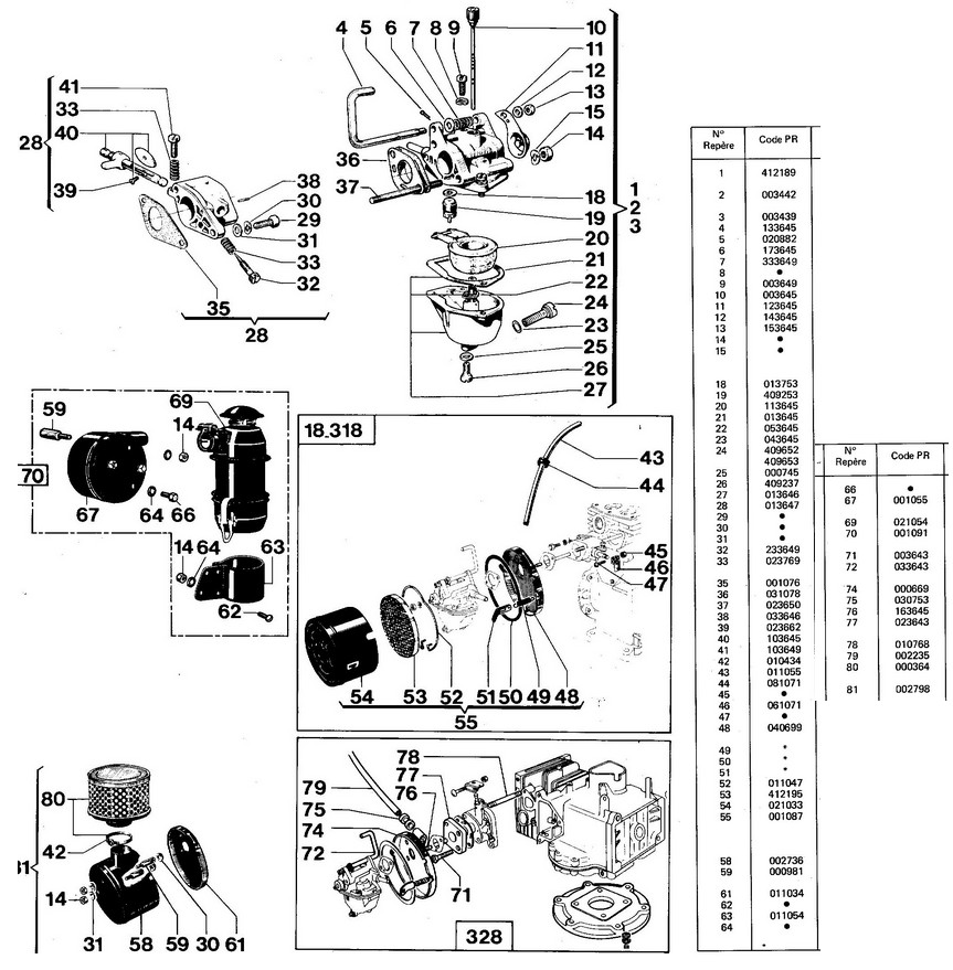 vue éclatée carburateur W18C - 318C - 328C